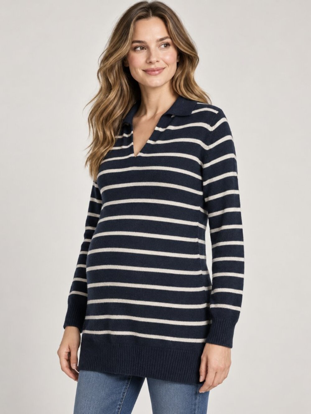 Primark Maternity XS Navy Cream Striped Polo Sweater Tunic Long Sleeve